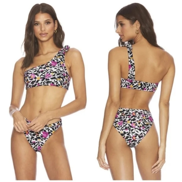 Beach Riot Ava One Shoulder Tie Top Chelsea Bottoms Bikini Floral Leopard - Picture 2 of 6